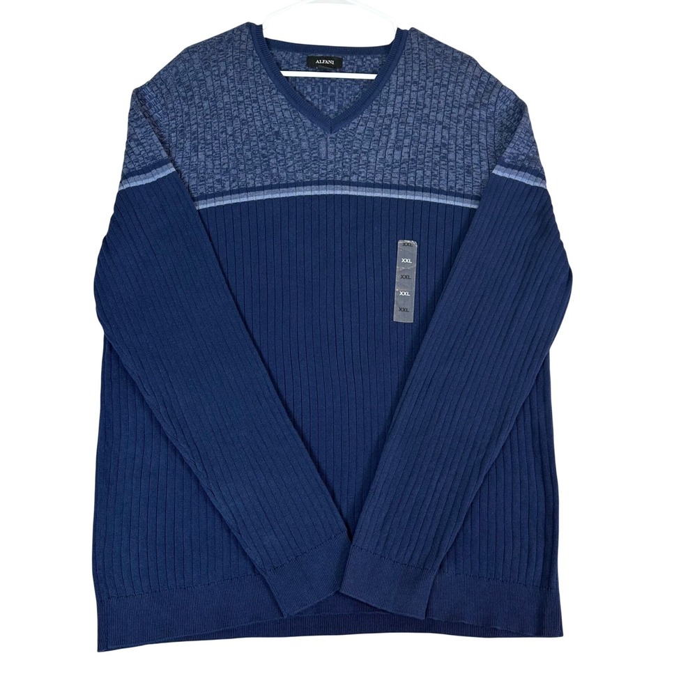 Alfani Mens XXL Navy Blue 100% Cotton Ribbed V-Neck Sweater Marled Knit Top NWOT